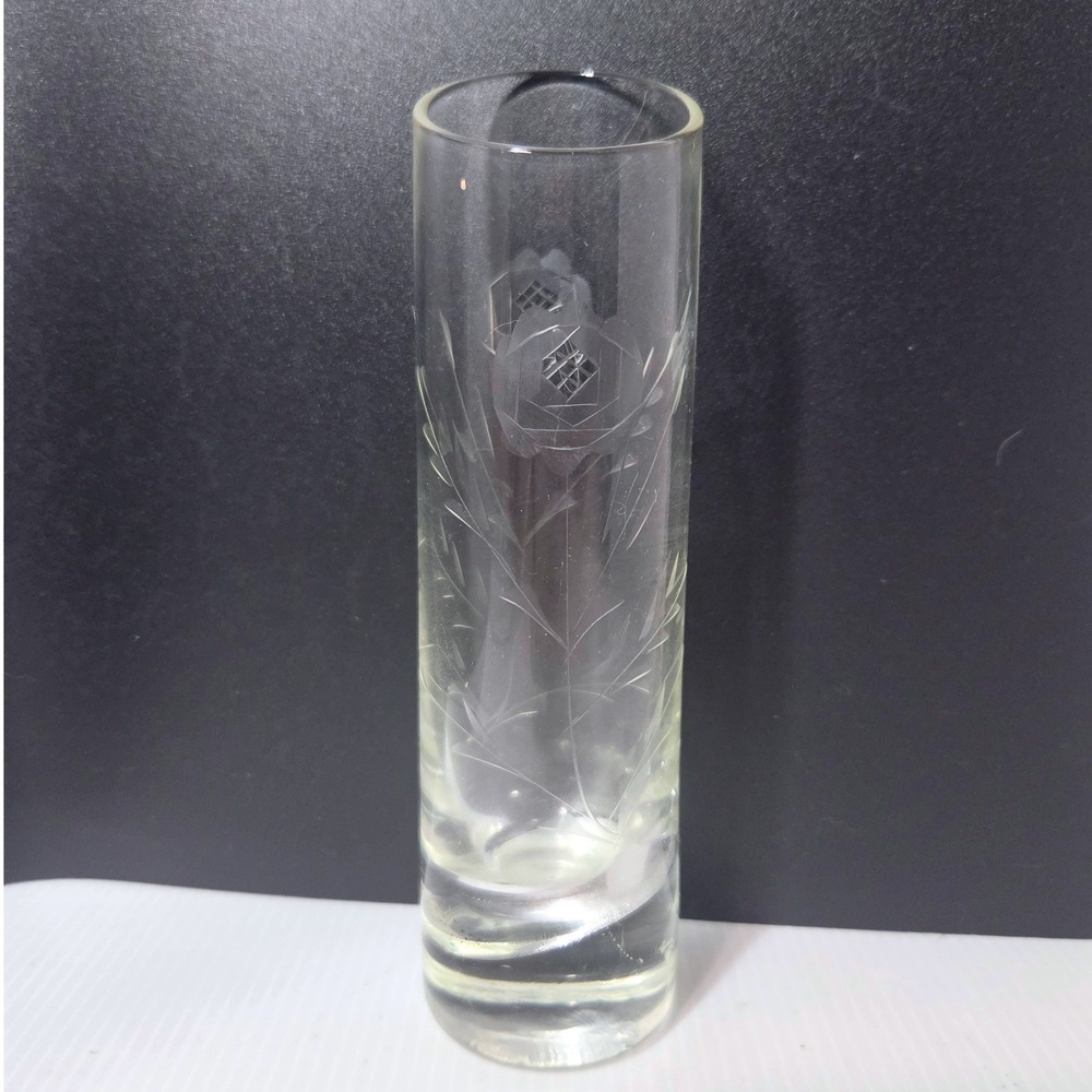 Vintage Etched Glass Rose Bud Vase Slanted Rim Floral Cut Design